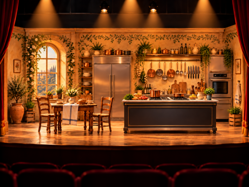 Décor de scène de cuisine théâtrale pour le spectacle Vous repréndrez bien un peu de Brouet.